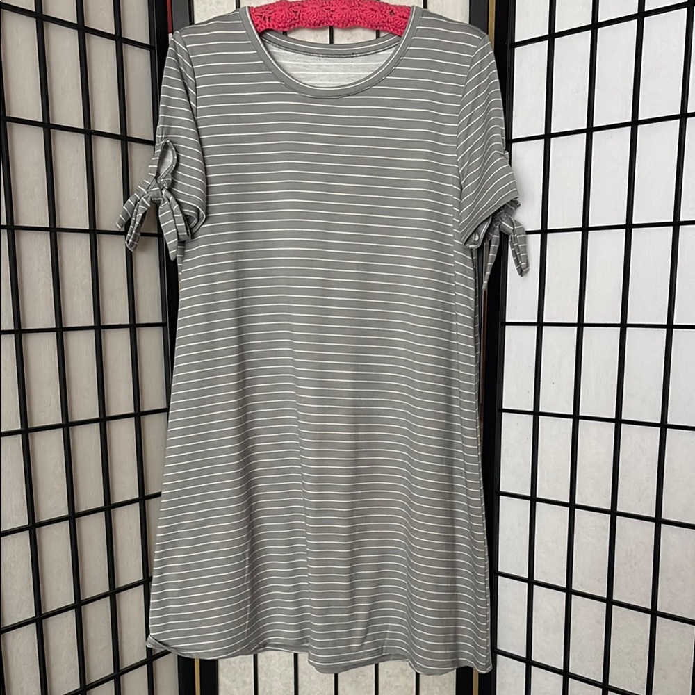 Gray Striped Women's Dress with Tie Sleeves